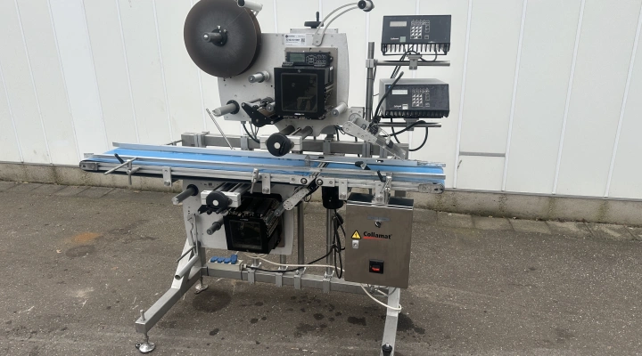 Collamat 8600 labelling machine top and bottom printing and labeling with conveyor belt
