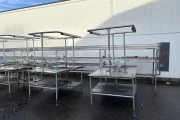 Marco combi conveyor production and packaging line with 11 Marco work tables with scales