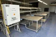 Martin Stolze Combi conveyor production and packaging line with 8 Marco work tables with scales
