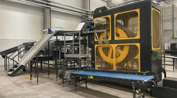 Tarend RCD déchargeur de caisses rotatif pour fruits en caisses de 40 à 60 cm de large complet avec table d'inspection à rouleaux 300 x 100 cm