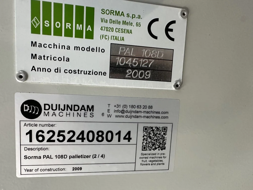 Sorma PAL 108D palletizer with chain conveyor • Duijndam Machines