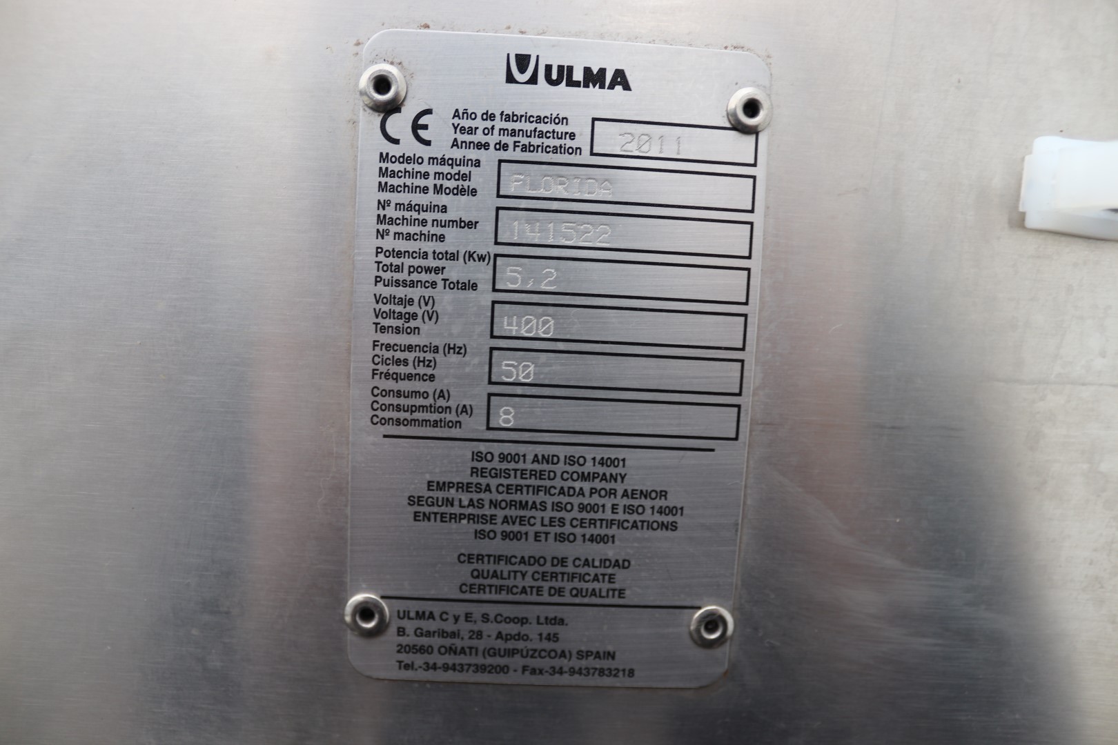 Ulma Florida flow pack wrapper stainless steel