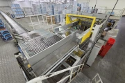 Viscon Atlas Automatic gantry palletizer for plastic fruit and vegetable crates , with automatic crate infeed and pallet transport.
