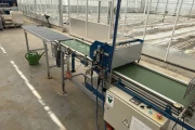 Visser PSL2 Granette tray seeding machine with supply conveyor and discharge roller conveyor
