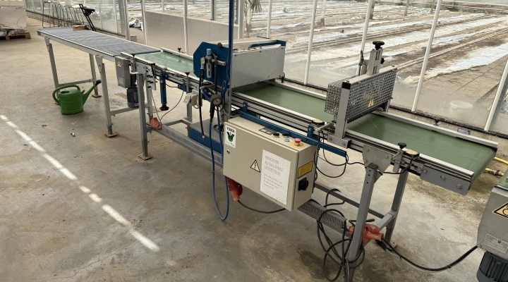 Visser PSL2 Granette tray seeding machine with supply conveyor and discharge roller conveyor