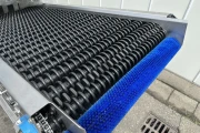Roller inspectiion conveyor/ washer stainless steel frame with rubber disc rollers 250 x 70 cm